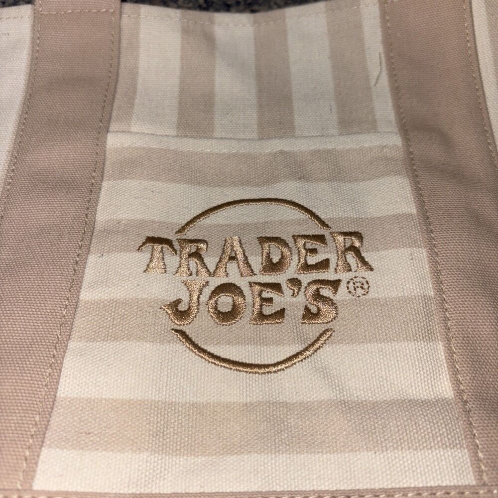 NWT Trader Joe's Small Striped Tote Bag Brown/White 12x6x10 Polyester/Cotton - Picture 2 of 4